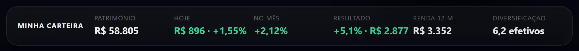 A faixa do resumo: patrimônio, resultado de hoje, no mês, resultado contra o preço médio, renda estimada e diversificação