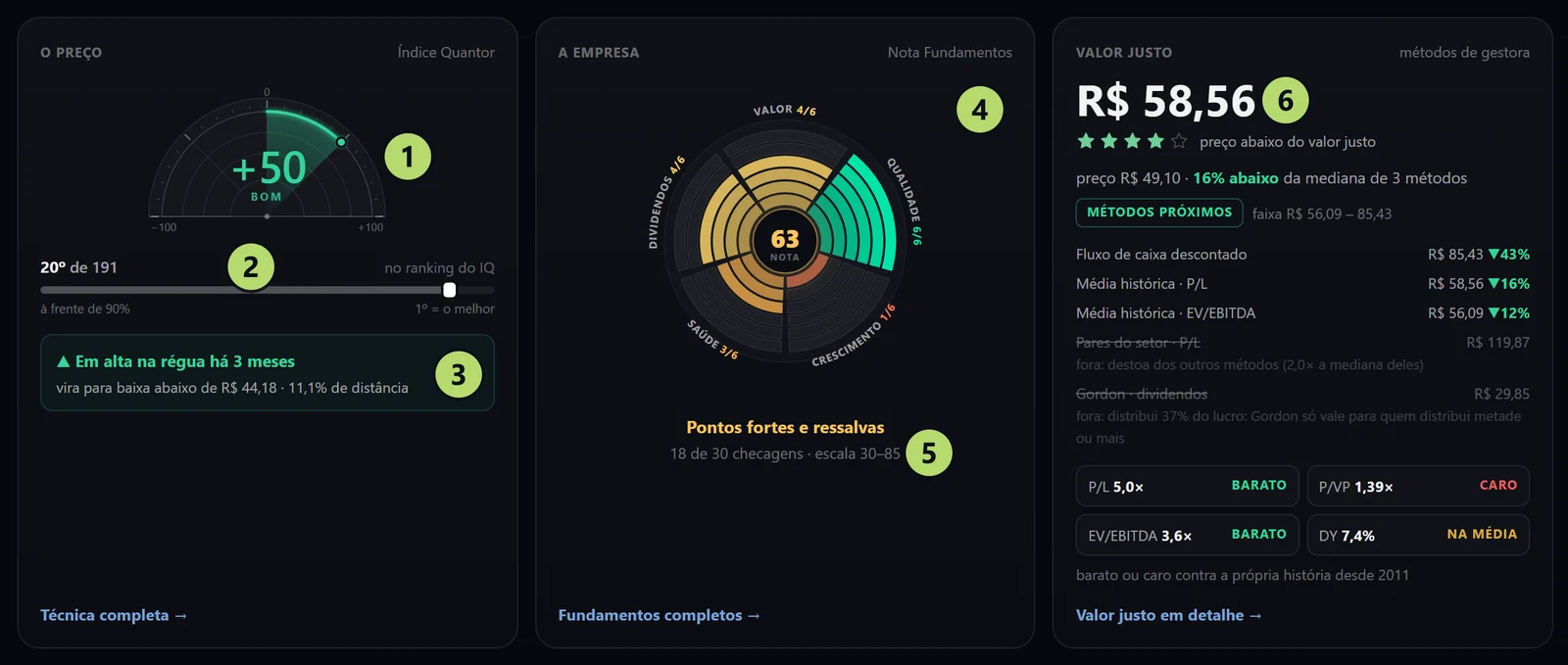 O Resumo da PETR4 na tela Analisar papel, com os quatro números marcados