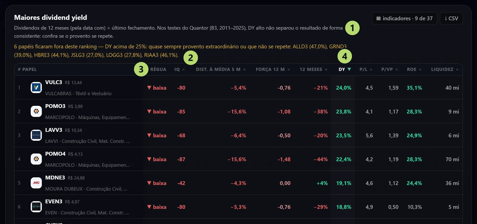 A lista de maiores dividend yield, com os papéis que ficaram fora e a régua de cada um