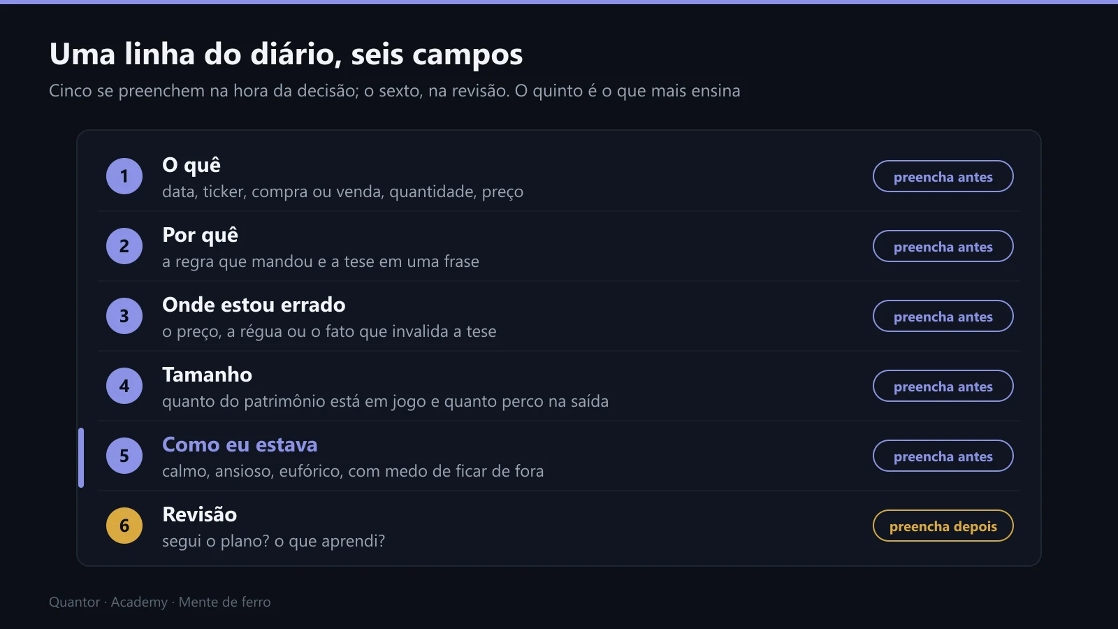 Os seis campos de uma linha do diário do investidor